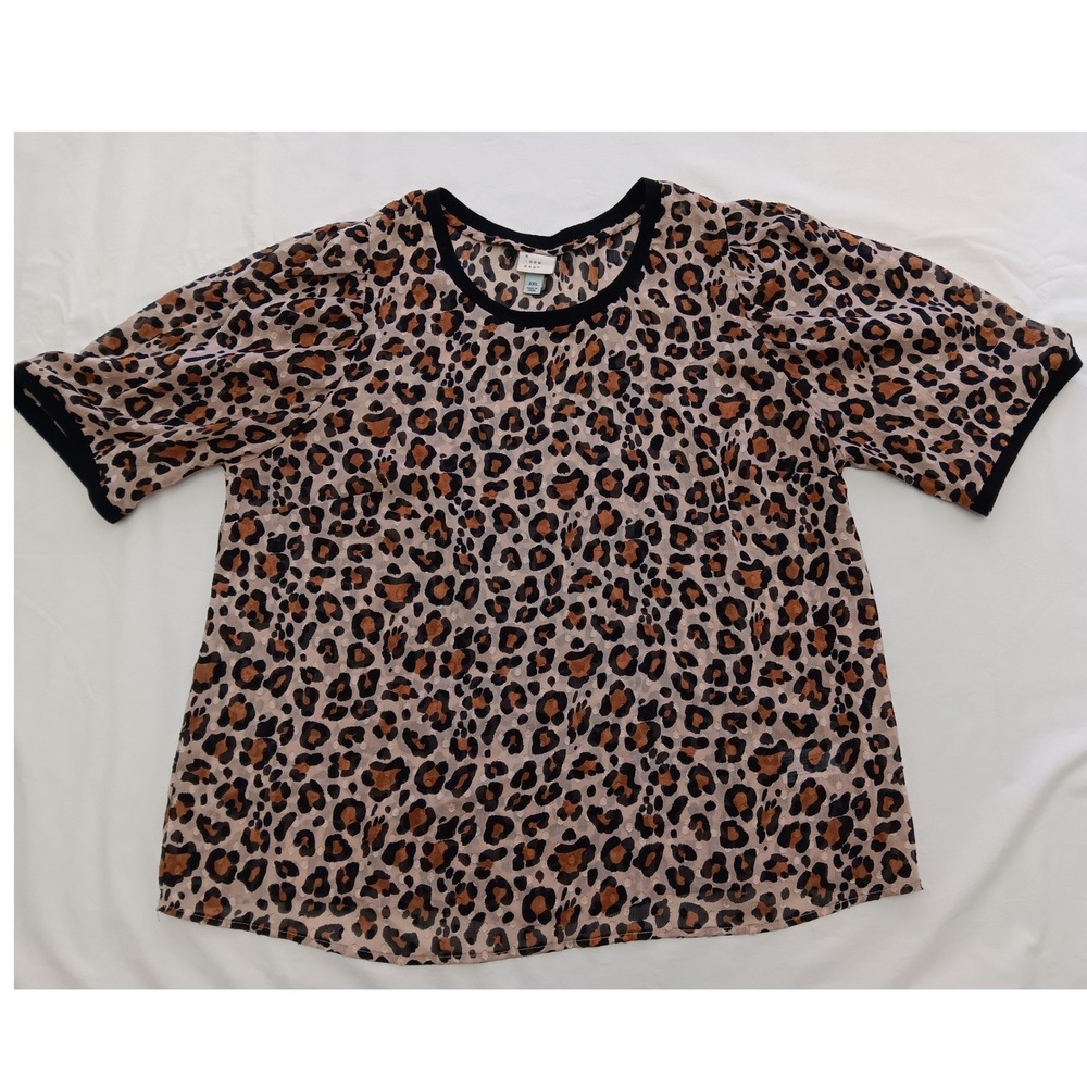A New Day Leopard Print Short Sleeve Sheer Blouse XXL Brown Black Tan